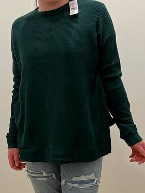 American Eagle Outfitters Hunter Green Waffle-Knit Long-Sleeve Top
